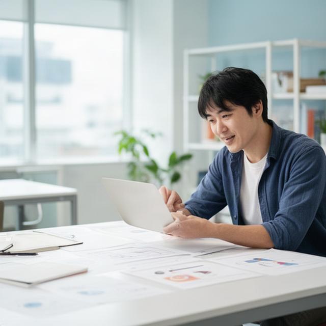 東京大田区の明るい講座運営スペースで講師がマーケティング資料を確認する様子