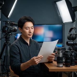 撮影機材の並ぶ編集室で企画書を確認するYouTube講師