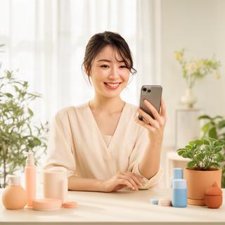 自然光の入るスタジオでSNS投稿を確認する美容系クリエイター講師