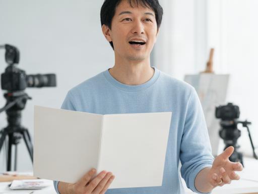 大田区の明るいスタジオで作品資料を手に話す現役クリエイター講師