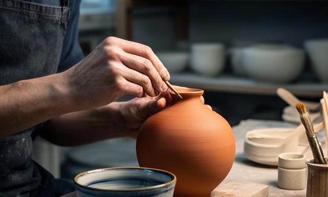 東京の工房で職人が伝統工芸品を仕上げる手元と完成した器